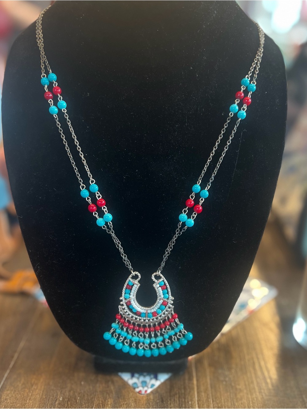 Handmade Turquoise & Red Beaded Fringe Necklace